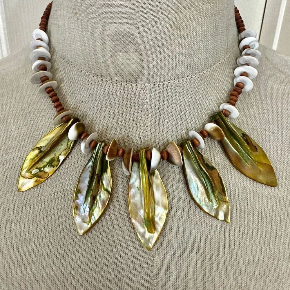 Natural Shell & Wood Bead Leaf Statement Necklace